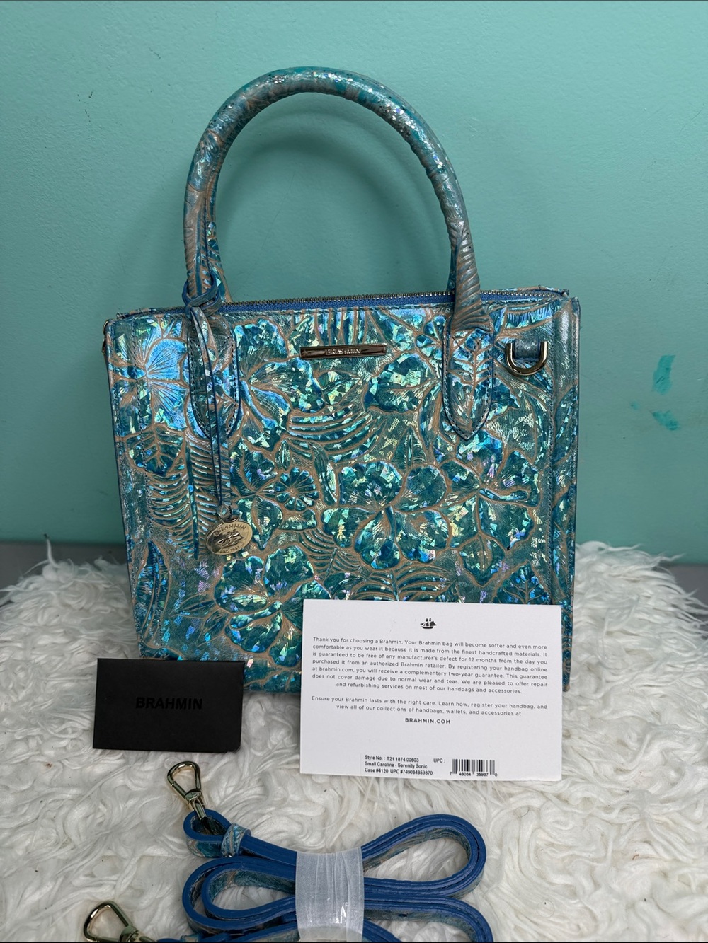 Brahmin Small Carolina Serenity Conik Teal Floral Embossed Satchel
